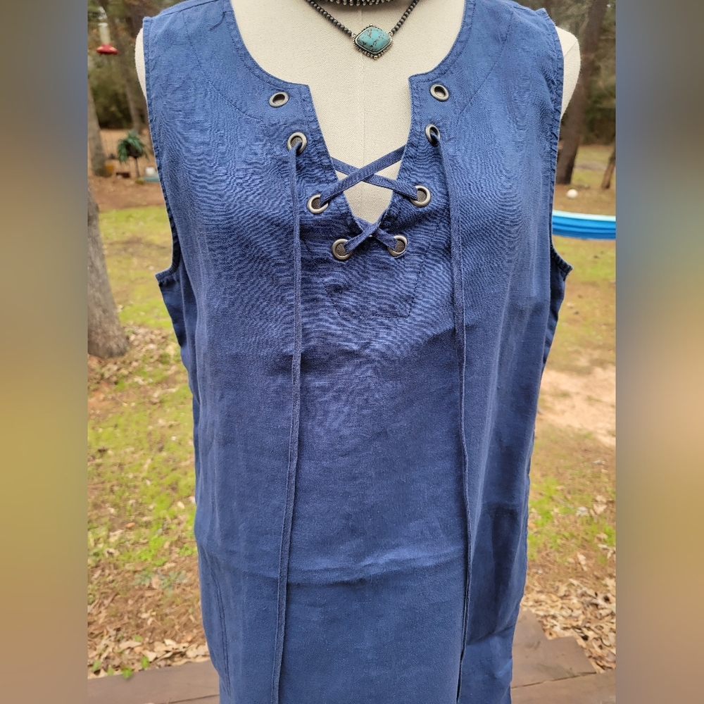Adrienne Vittadini Linen Blue Pullover Dress with Pockets